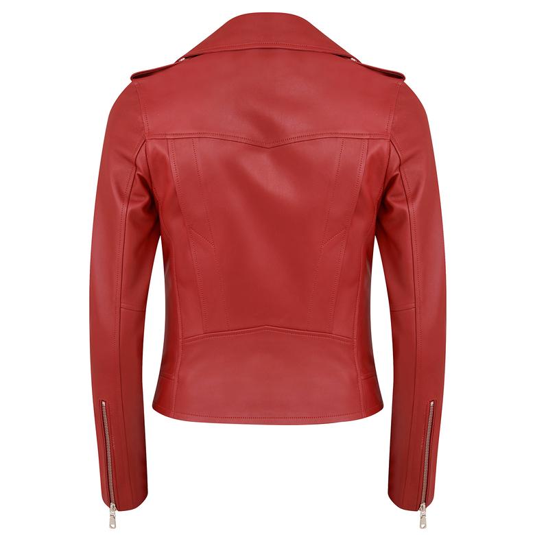 Kırmızı Kadın Biker Deri Ceket 1010032814014