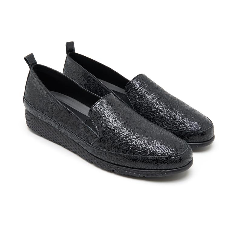 Lisa Comfort Metalik Siyah Kadın Deri Günlük Ayakkabı 2010048833004