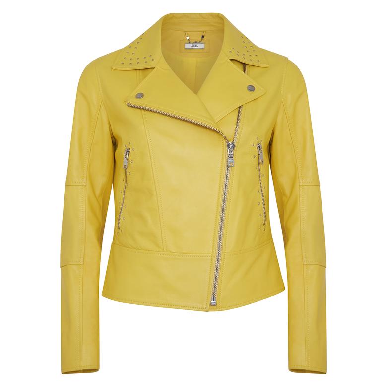 Sarı Belina Kadın Biker Deri Ceket 1010028470002