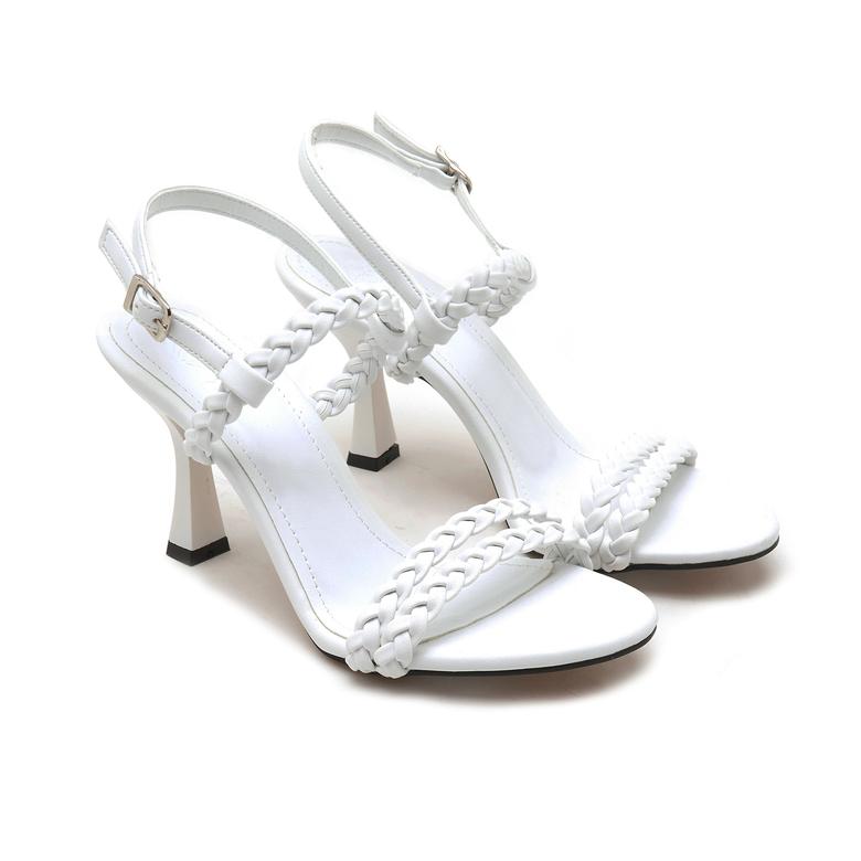 Gellano Beyaz Kadın Örgü Topuklu Sandalet 2010049134010